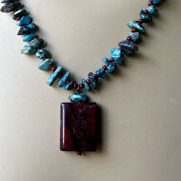 Vintage Southwestern Necklace Turquoise Chips Seed‎ Beads Jasper Pendant 17" L - Picture 1 of 13